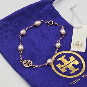 NEW Tory Burch Crystal & Pearly Delicate Logo Bracelet In Rose Gold